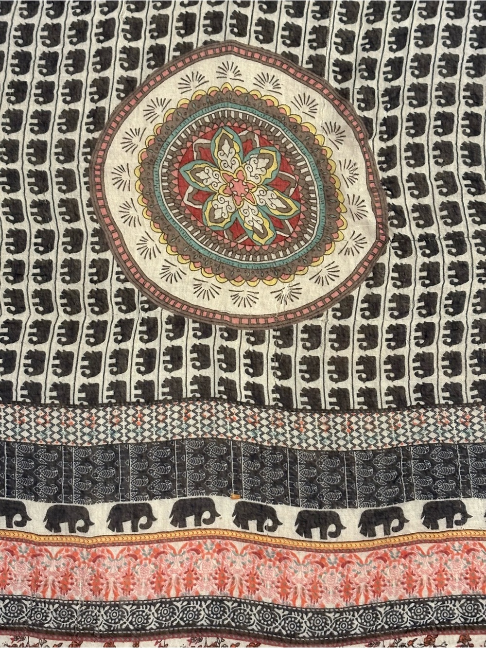 Bohemian Elephant Print Wall Tapestry /Scarf iBlack, Cream & Coral